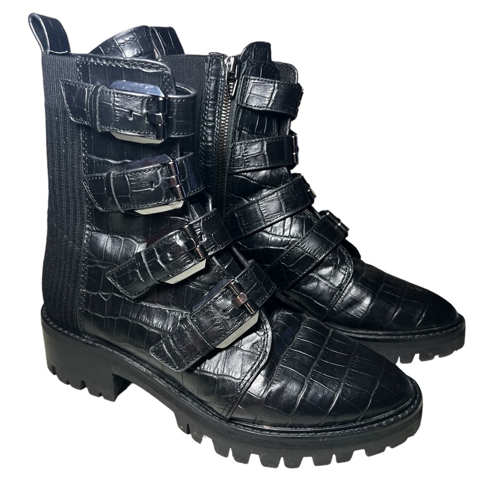 Dolce Vita Black Combat Boots Size 6 Buckles Faux Croc Embossed Chelsea Boot